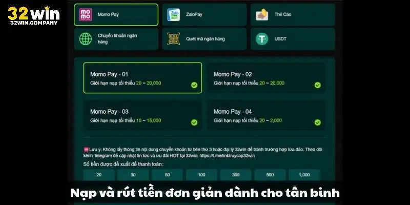 Nạp và rút tiền nhanh chóng dành cho tân binh