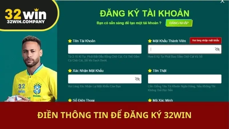 Điền thông tin để đăng ký 32win